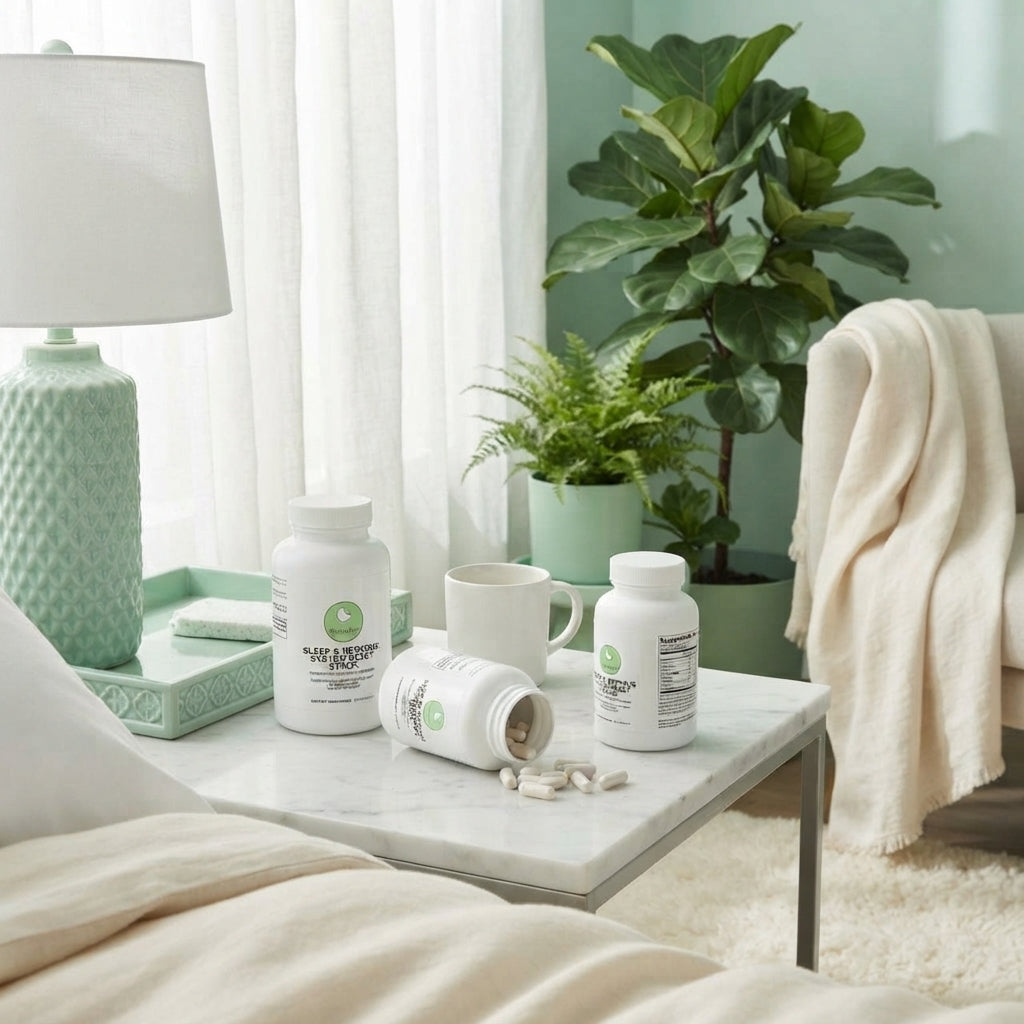 Sleep & Nervous System Reset Stack bottles displayed on a white marble surface with sage green plants and cream linen.